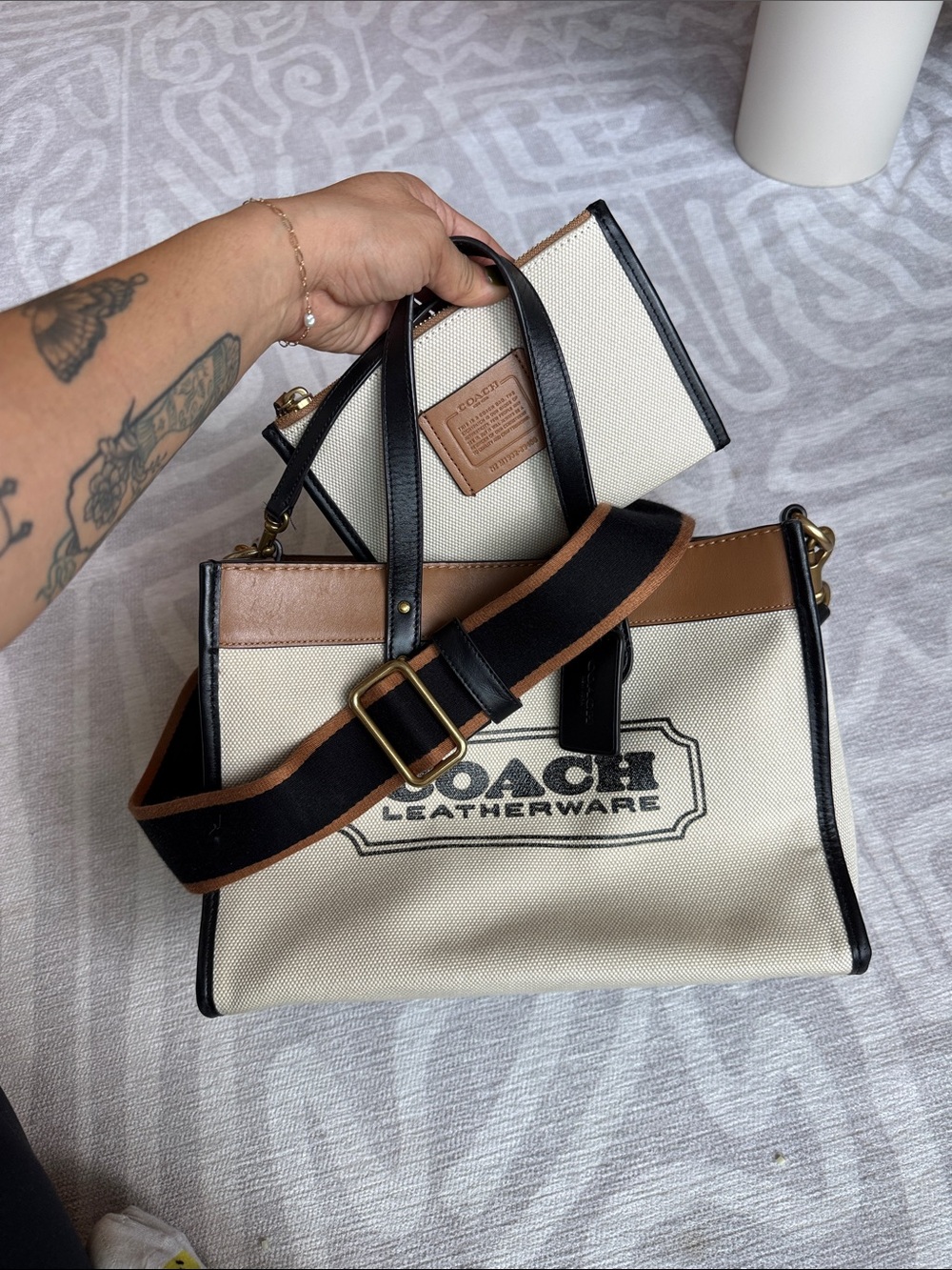 Coach Canvas Logo Field Tote with Black & Tan Trim and Striped Strap